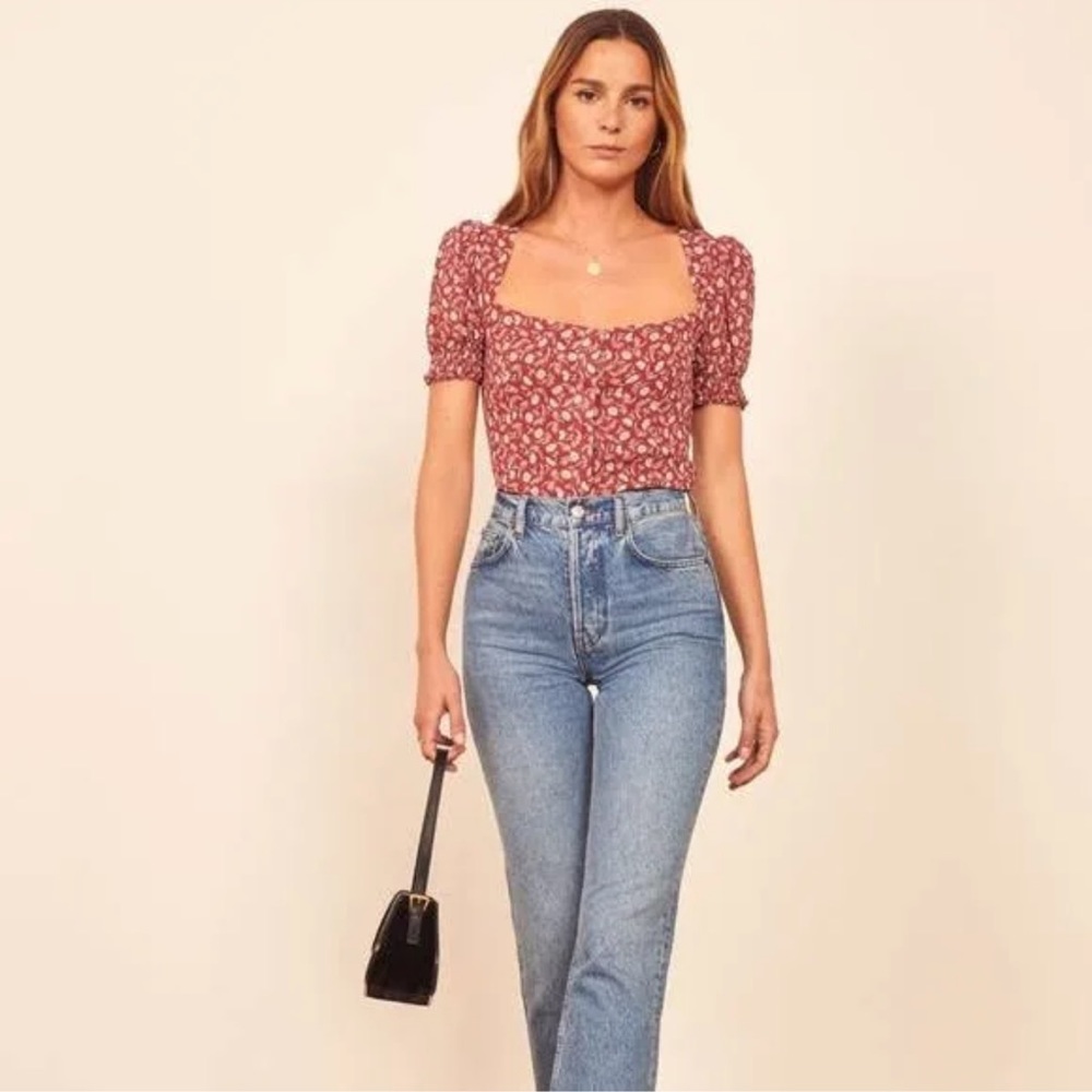 Reformation Red & White Floral Puff-Sleeve Top